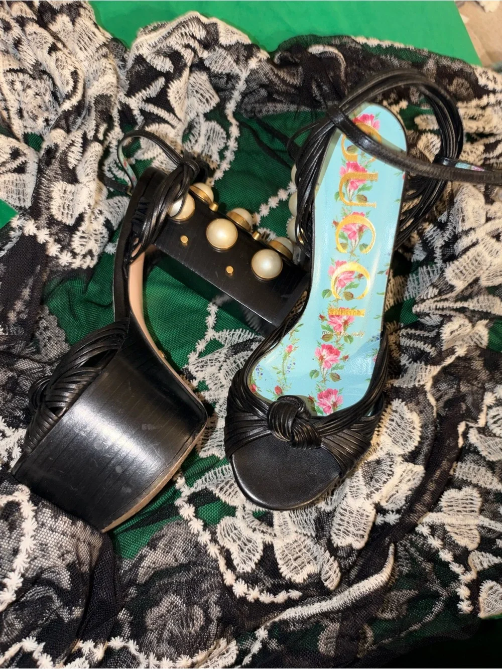 Gucci Black Leather Knotted Platform Sandals with Pearl & Gold Accent